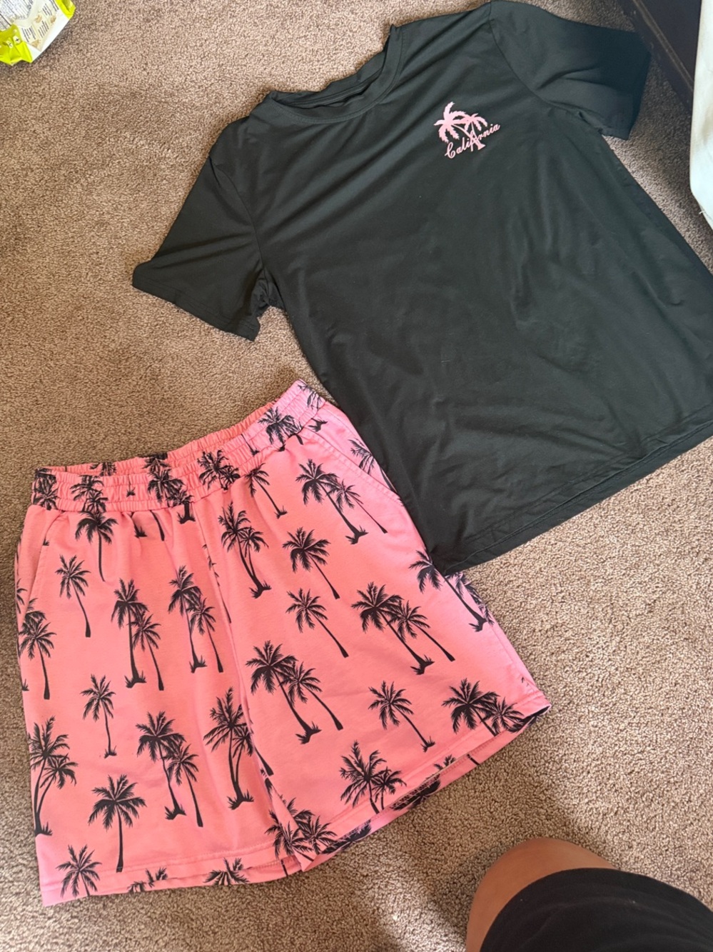Men's Black Tee & Pink Palm-Print Athletic Shorts Set